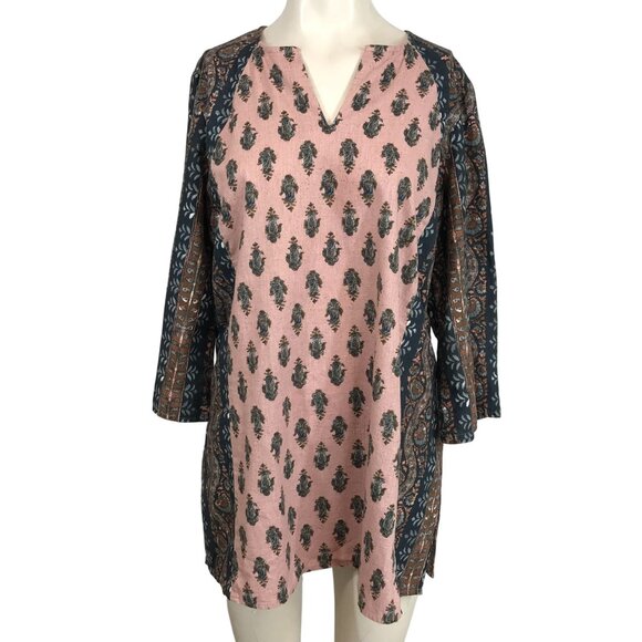 PURE JILL -WOMEN'S MEDIUM PETITE - PINK PAISLEY 3/4 SLEEVE LINEN BLEND TOP - Picture 1 of 8